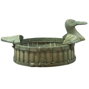 VTG Green Toyongan Duck Tray‎ Bamboo Rattan Basket Hand Carved Duck Finial